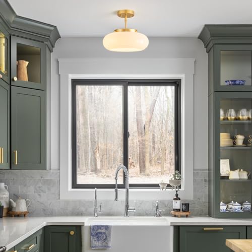 WOKNOS Mid-Century Gold Semi Flush Ceiling Light 12.6 Inch with Adjustable Downrod