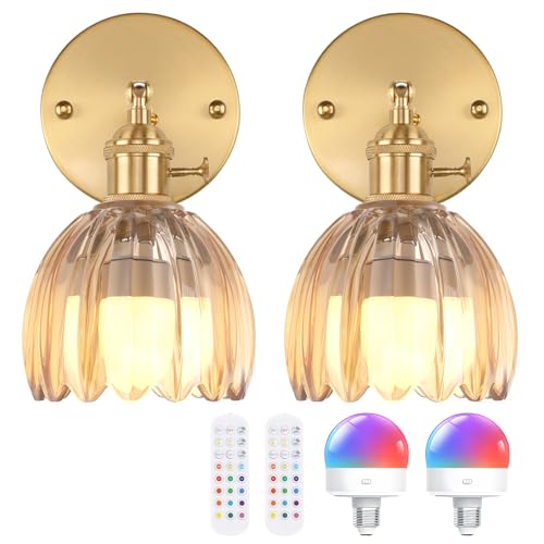 Vintage Battery Operated Wall Sconce Set - Amber Tulip Glass Lampshades, Remote Control, 2-Pack - Light Amber Variation