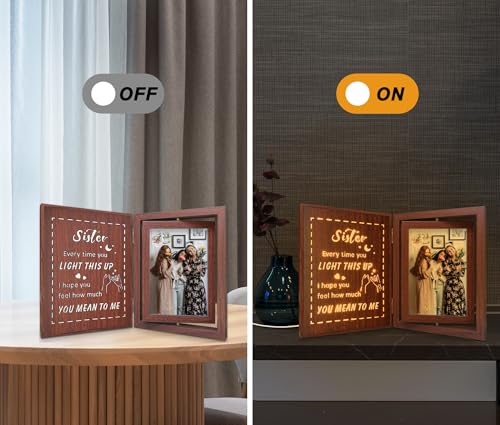 Soruney Sister 4x6 Rotating Lighted Picture Frame - USB Powered Wood Gift for BFF