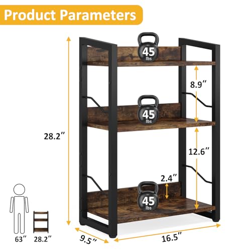 Rustic Brown 3-Tier Small Bookshelf Bookcase with Edge Protection