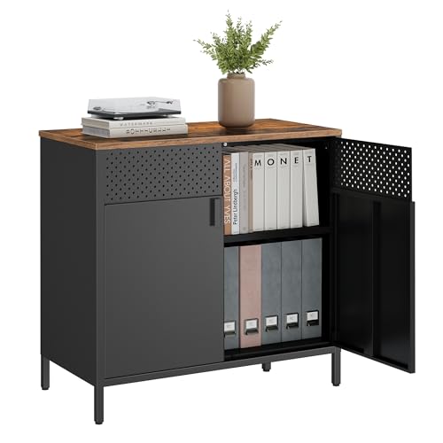 SONGMICS Storage Cabinet Sideboard Rustic Brown & Black 31.5" W Adjustable Shelves