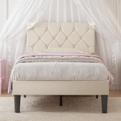 VECELO Upholstered Twin Bed Frame with Adjustable Headboard, Beige