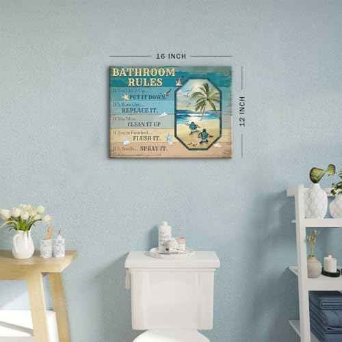 Sea Turtle Bathroom Decor Teal Blue Bathroom Rules Wall Art Beach Themed Funny Quotes Words Pictures Farmhouse Toilet Sign Canvas Prints Artwork for Restroom Door Bath Laundry Home Decorations 12x16"