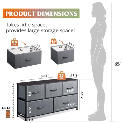 Dark Grey Wide Dresser with 5 Drawers - Bedroom Storage Chest, 39.37" Wide