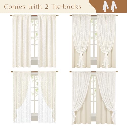 Light Filtering Linen Curtains for Bedroom & Living Room - Beige 52W x 84L, 2 Panels, Double Layer Boho Farmhouse Style - Variation of Light Filtering Beige 52W x 84L