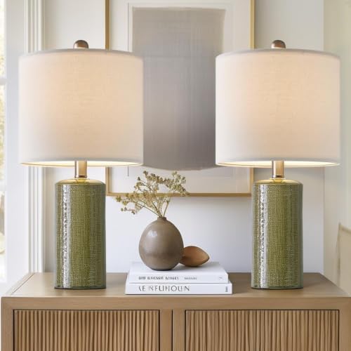 Green Small Modern Ceramic Table Lamp Set of 2 for Living Room & Nightstand