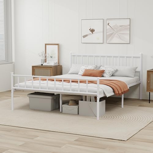 White Metal Platform Bed Frame Queen Size with Headboard - WJORATA