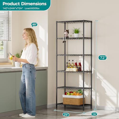 SINGAYE 6-Tier Metal Wire Shelving Unit, Adjustable Black Pantry Storage Shelf 14"D x 24"W x 72"H