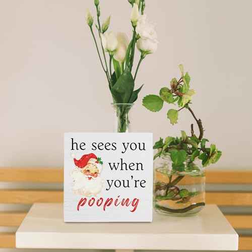 Red Christmas Santa Bathroom Wooden Box Sign,He Sees You When You're Pooping Wood Sign,Funny Christmas Bathroom Desk Sign For Home Barthroom Toilet Restroom Decor,Red Christmas Decor,5x5 Inch