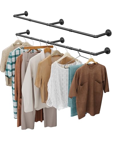 Heavy Duty Industrial Pipe Clothes Rack 65.7 Inch Wall-Mounted 2 Pack - Black