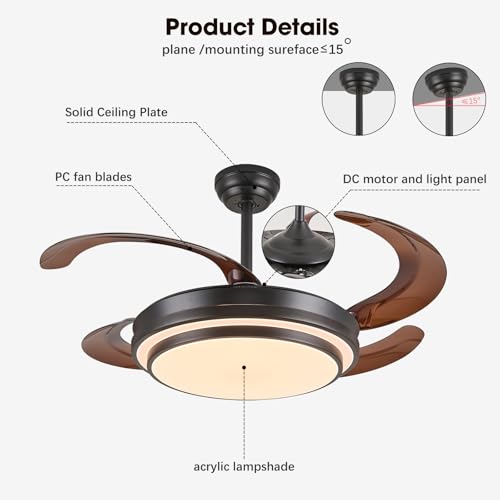 Y48D005 48-Inch Reversible Retractable Ceiling Fan with Lights - Black