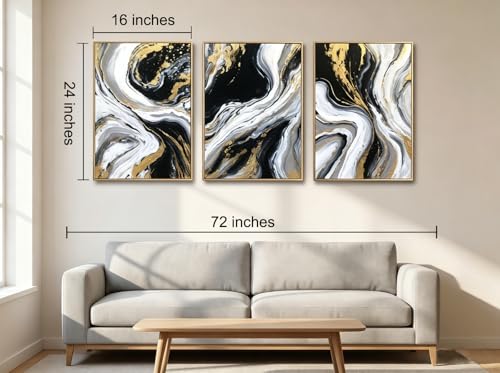 Black White and Gold 3-Piece Abstract Wall Art Set - 16x24 Inch Framed Canvas
