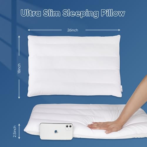 MINUPWELL Cotton White 2 Pack Ultra Flat Support Pillows 18x26 Inches for Stomach Sleepers