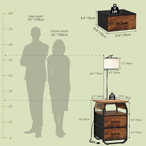 Runjuly Rustic Brown Floor Lamp with Table and Charging Station - 2 Drawers