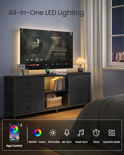 TV Stand for 65 Inch TVs with 6 Fabric Drawers and Shelves - Ink Black, 13.8"D x 57.8"W x 26.8"H
