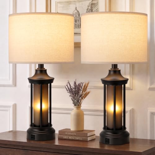 Seealle 24-inch Farmhouse & Industrial Table Lamps Set of 2 - Oat Shade & Black Base