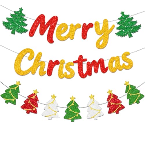 Merry Christmas Banner Set with Glitter Letter & Tree Garlands - DIY Xmas Decor
