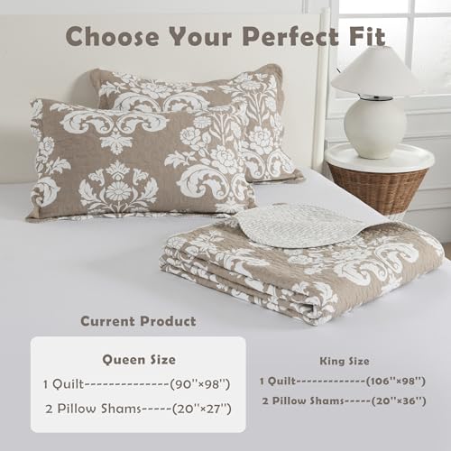 Queen Reversible Cotton Quilt Set Farmhouse Tan Taupe 90x98 Bedding