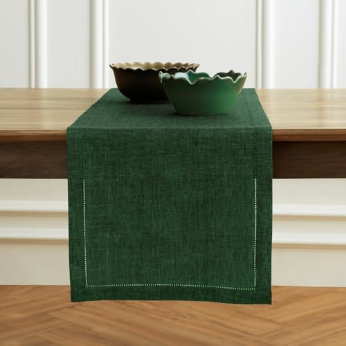 Solino Home Forest Green Linen Table Runner Milan 14 x 90 in - Pure European Flax