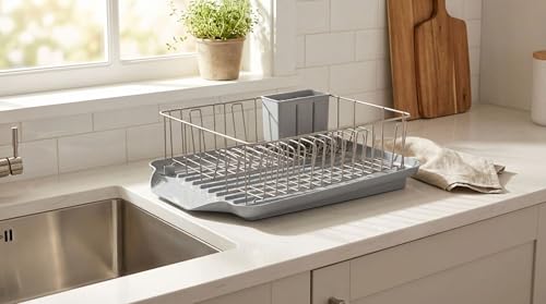 3-Piece Dish Drying Rack Set with Rust-Resistant Wire Basket and Removable Draining Board