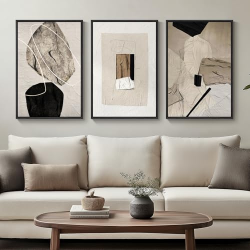 Set of 3 Neutral Abstract Wall Art - 16x24 Inches, Modern Minimalist Frame