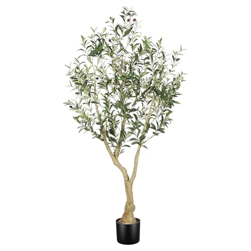 LYERSE 5ft Artificial Olive Tree in Black Pot with Large Branches & Fruits – Realistic Home Decor