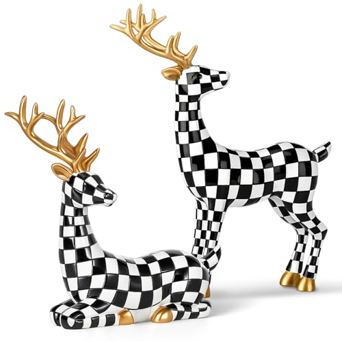 Yookeer 2 Pcs Black and White Grid Reindeer Figurines Xmas Decor Home & Garden