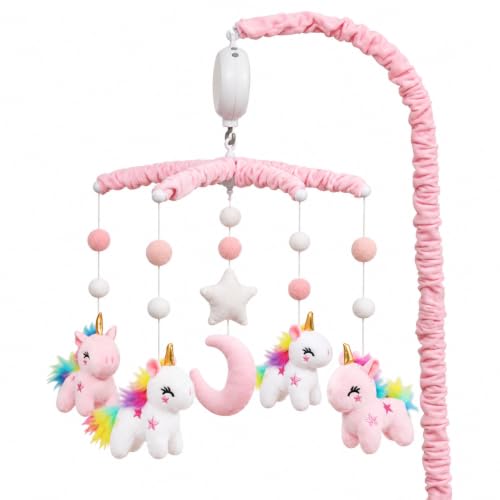 Unicorn Baby Crib Mobile for Girls with 28-Inch Arm & 35 Lullabies, Pink & White