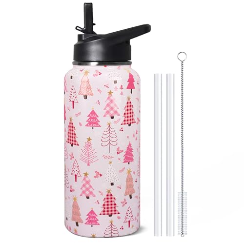 TWBDMKC 32oz Christmas Tree Insulated Water Bottle with Straw - Pink, Gift for Women