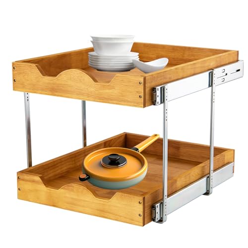 DINDON 2 Tier Pull Out Cabinet Organizer (14" W x 18" D) Slide Out Wood Drawer, Two Tier Sliding Shelf Organization and Storage…