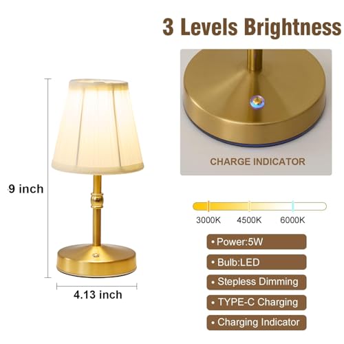 Mini Cordless LED Table Lamp - 3000mAh Battery, Dimmable & 3 Color Temp, Gold, 9.8 Inch, 1 Pack