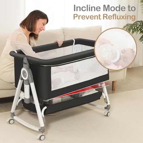 OHFLY Dark Grey 4-in-1 Portable Baby Bassinet with Waterproof Mattress & Locking Wheels
