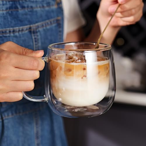 CNGLASS 16oz Double Walled Glass Coffee Mugs 4-Pack - Clear Insulated Latte Cups