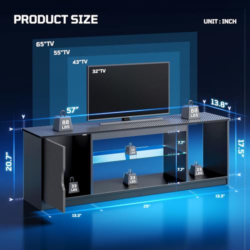 Bestier 57-Inch Black Carbon Fiber LED TV Stand with RGB Lighting & Adjustable Shelves