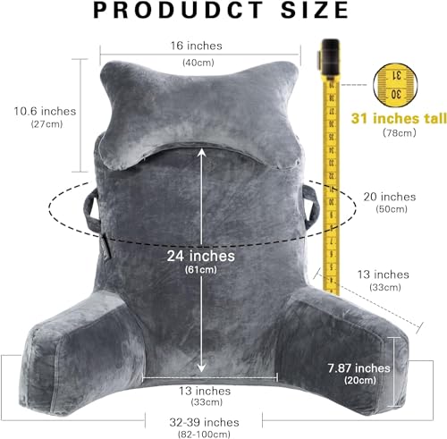 Extra Large Reading Pillow with Neck Roll - Dark Grey Bed Rest Cushion for Bed & Couch