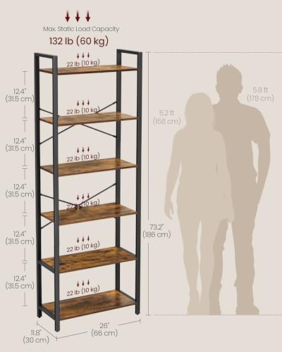 VASAGLE 6-Tier Bookshelf - Rustic Brown & Ink Black Steel Frame, Without Back Panels, Industrial Style, 11.8 x 26 x 73.2 Inches