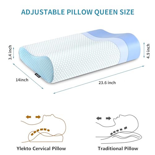 Ylekto Blue Queen Memory Foam Neck Pillow for Sleep Support, Ergonomic Cervical Contour