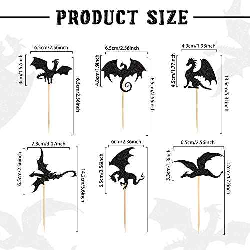 36 Pieces Dragon Cupcake Toppers Black Glitter Cake Picks Cool Dinosaur Cupcake Topper for Dragon Themed Party Birthday Christmas Fantasy Themed Party Decoration, 6 Styles