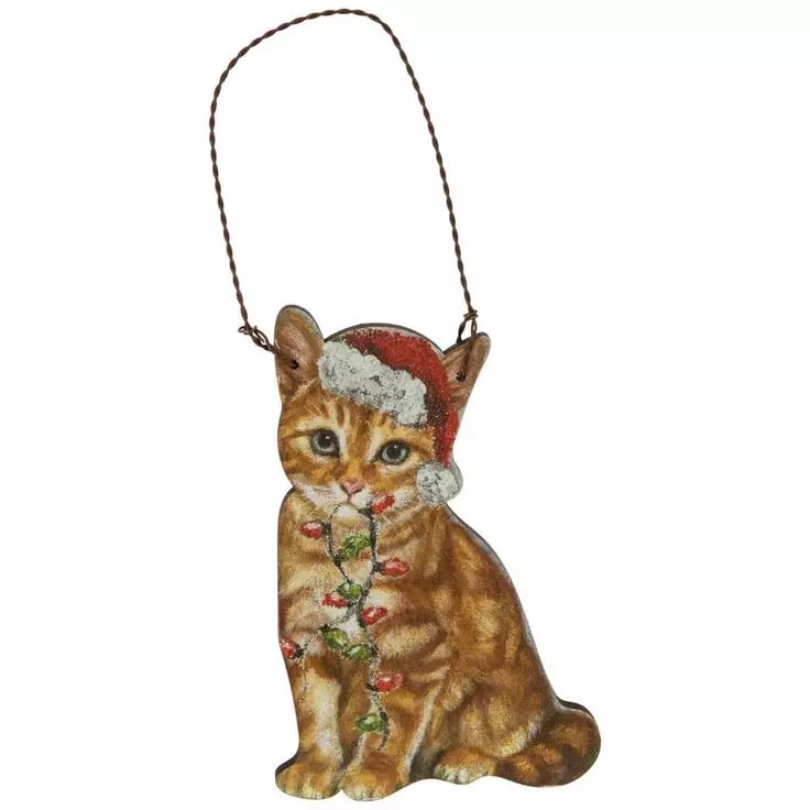 Christmas Crafts Ginger Orange Cat Wood Ornament - 4.5 in Hanging Christmas Ornament