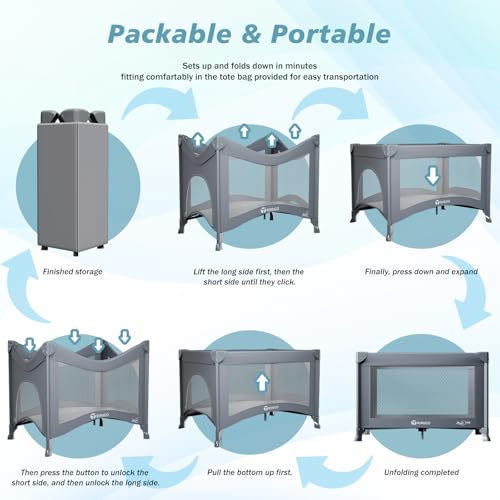 Grey Portable Baby Playard & Travel Crib with Mattress - Foldable & Lightweight
