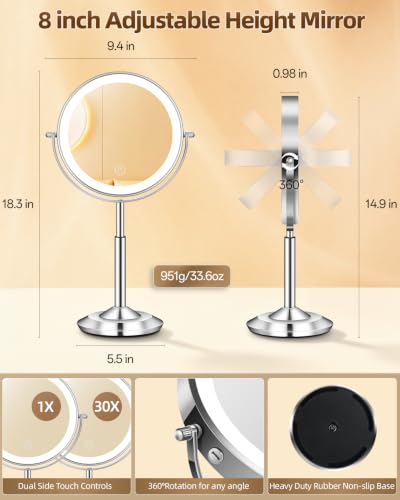 Chrome 8-Inch Magnifying Makeup Mirror with Lights, Height Adjustable