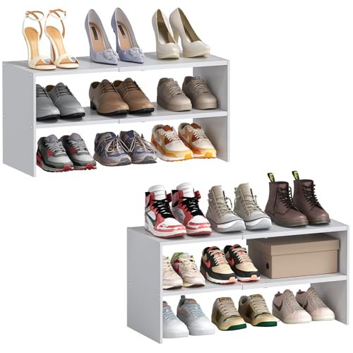 2 Pack White Expandable Shoe Rack Organizer for Closet and Entryway - 2-Tier Stackable Shoe Storage Shelf - Small Iron Wood Combo - Narrow Space, 15-24 Pairs - Variation of THIS listing