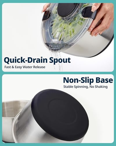 Large Stainless Steel Salad Spinner 6.34 Qt BPA-Free Kitchen Dryer