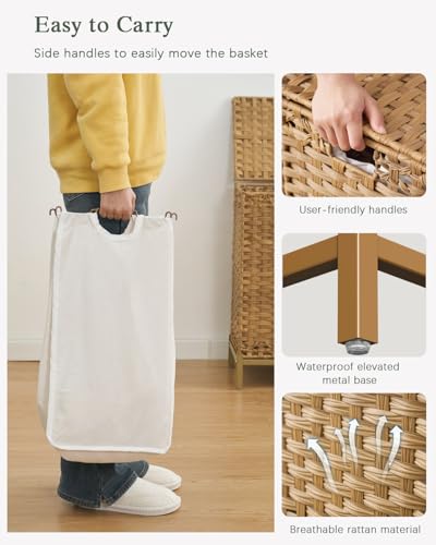 Large 112L Natural Rattan Laundry Hamper with Lid & Removable Liners - Foldable & Mesh Bags Included