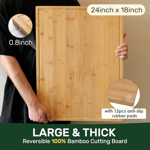 Natural 24 x 18 Inch Bamboo Cutting Board for Kitchen, Reversible, Juice Groove & Handle