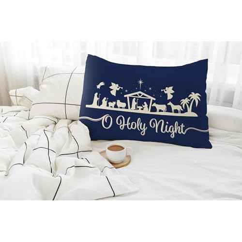kdqua Blue Christmas Pillow Covers 12x20, Merry Christmas Jesus O Holy Night Cross Joy Star of Bethlehem Xmas Decorations Throw Pillow Covers, Seasonal Winter Cushion Case for Bedroom