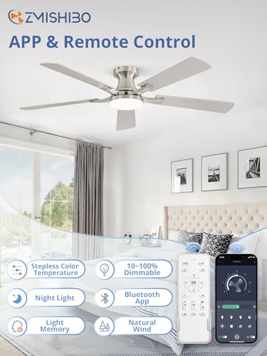 ZMISHIBO 52 Inch Nickel Ceiling Fan with Lights, Remote & App Control, Flush Mount