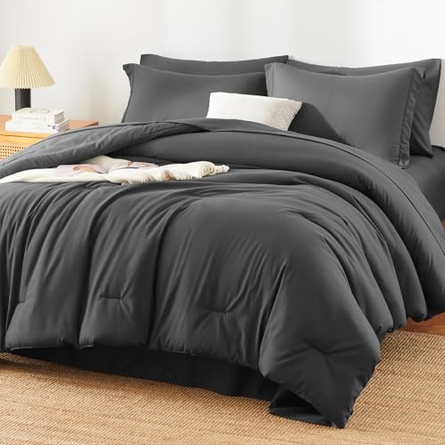 HIMEET Queen Comforter Set Dark Grey 7-Piece Bed in a Bag - Soft & OEKO-TEX Certified