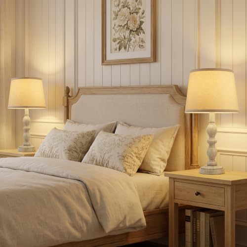 GyroVu Creamy White Rustic Farmhouse Set of 2 Bedside Table Lamps with Linen Shade - 20.5 inches