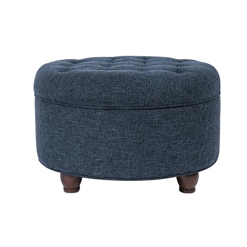 Navy Woven Large Button Tufted Round Storage Ottoman - 25 Inch